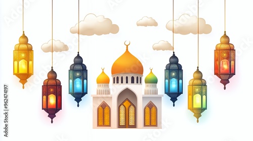 An illustration of a mosque with hanging lanterns, surrounded by clouds.