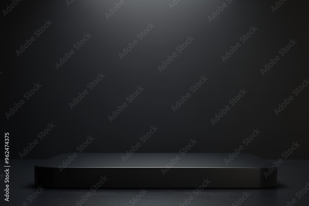 Obraz premium A single, black, rectangular podium sits in the center of a dark room, illuminated by a spotlight above.