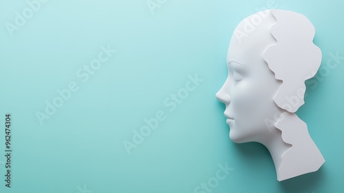 A white, abstract human face profile on a teal background.