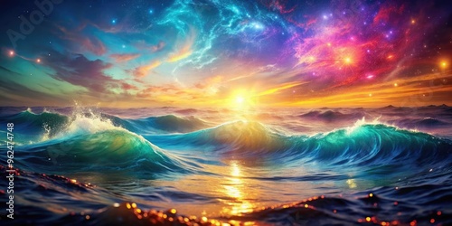 Mystical sea with swirling colorful waves and shimmering light , mystical, sea, ocean, underwater, water, waves, colorful