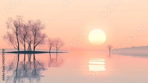 A minimalist landscape with a sunset over calm water, featuring a few simple trees and soft reflections in the water, drawn in soft pastel tones. 8k UHD, suitable for high-quality printing or  photo