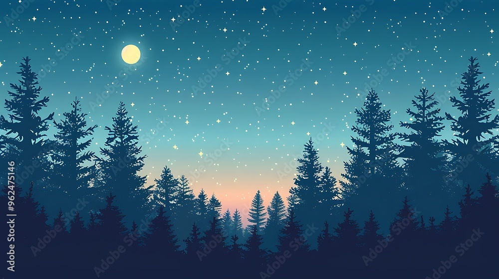 A basic illustration of a forest with tall pine trees and a clear starry night sky, created using flat design techniques and simple color contrasts. 8k UHD, suitable for high-quality printing A basic illustration of a forest with tall pine trees and a clear starry night sky, created using flat design techniques and simple color contrasts. 8k UHD, suitable for high-quality printing