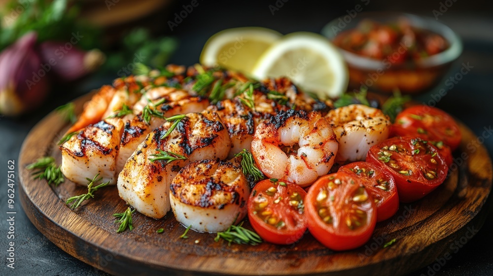 Grilled scallops and shrimp with tomatoes on a wooden board. Grilled scallops and shrimp with tomatoes on a wooden board.