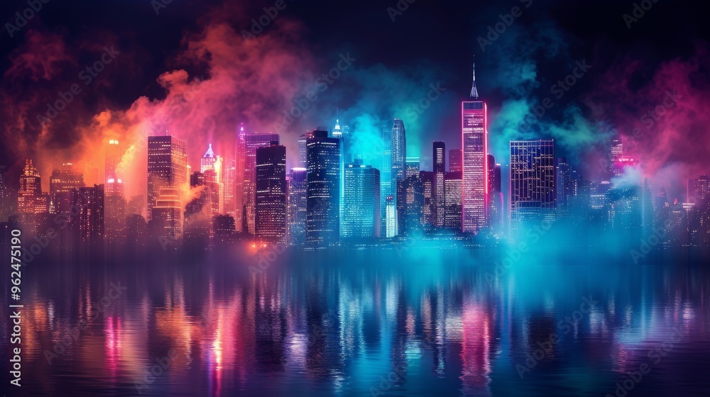 A futuristic city skyline at night, enveloped in vibrant neon-colored fog. The reflections on the water enhance the surreal and mesmerizing atmosphere, making it perfect for sci-fi, cyberpunk, and A futuristic city skyline at night, enveloped in vibrant neon-colored fog. The reflections on the water enhance the surreal and mesmerizing atmosphere, making it perfect for sci-fi, cyberpunk, and