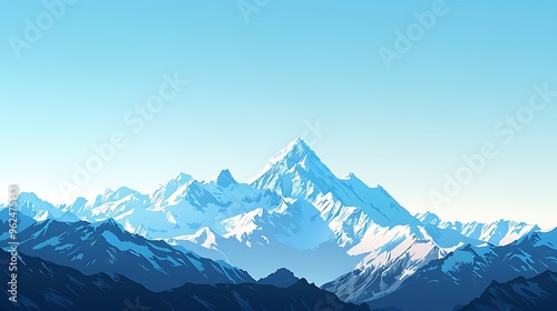 A simple vector landscape of a mountain range with snow-capped peaks and a clear blue sky, using flat shapes and soft color transitions. 8k UHD, suitable for high-quality printing or digital 