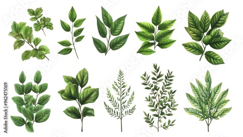 A collection of green leaves, including ferns, are shown in various sizes