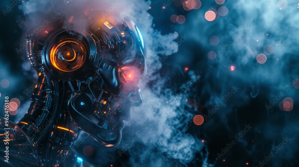 A striking image of a futuristic cyborg with a glowing red eye against a smoky backdrop. The intricate details and illuminated features emphasize the high-tech design, creating a powerful, cyberpunk A striking image of a futuristic cyborg with a glowing red eye against a smoky backdrop. The intricate details and illuminated features emphasize the high-tech design, creating a powerful, cyberpunk