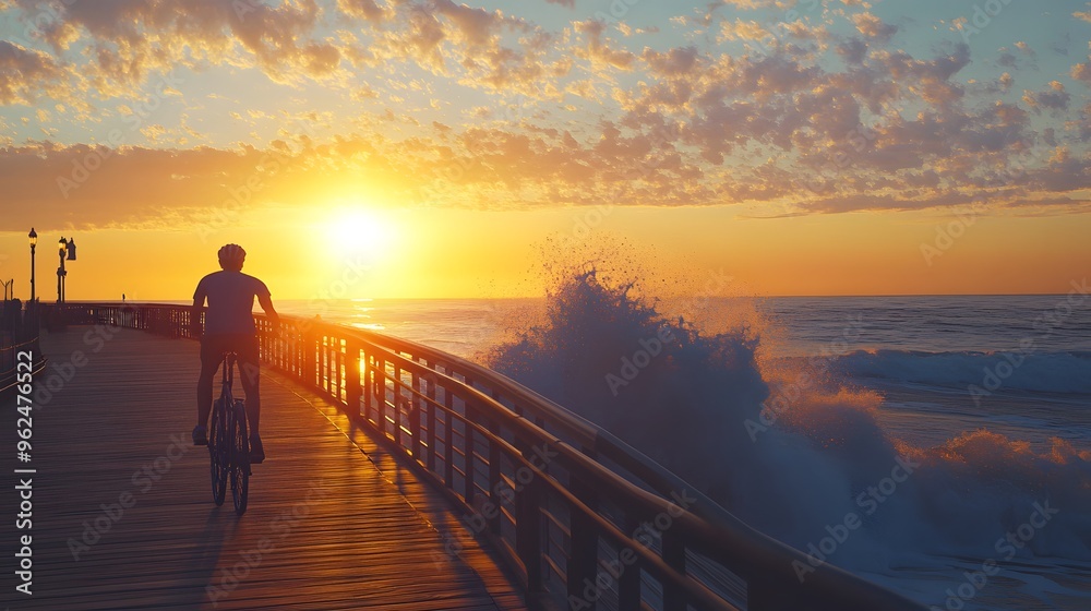 Man Riding a Bicycle on a Pier at Sunset Man Riding a Bicycle on a Pier at Sunset