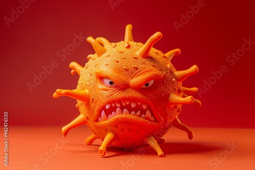 Fierce expression of anthropomorphic virus symbolizing contagion. Pathogen illustration showing angry orange virus hostile demeanor. Grimace of angry microbe symbolizing struggle disease. photo