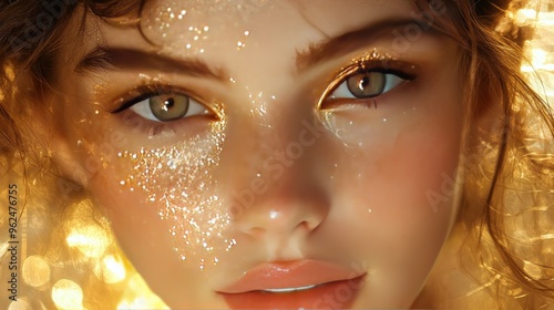 Close-up portrait of a young woman with gold glitter on her face and a soft, dreamy expression.