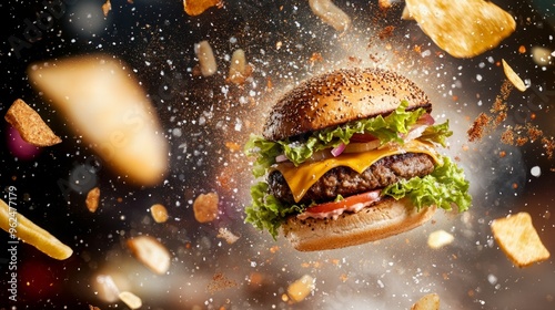 Epic Close-Up of Crispy, Golden French Fries Flying in a Circular Motion Around a Juicy, Mouthwatering Hamburger, Featuring a Perfectly Seared Patty, Melted Cheese, Fresh Lettuce, and a Toasted Brioch photo