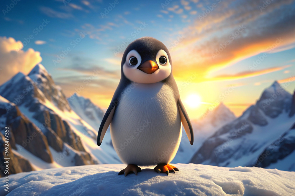 A Cute Penguin Standing on a Snowy Mountain Peak at Sunset A Cute Penguin Standing on a Snowy Mountain Peak at Sunset