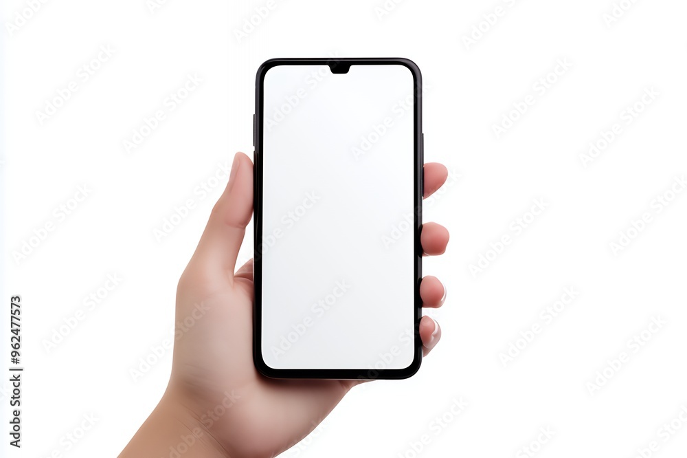 A hand holding a black smartphone with a blank white screen. A hand holding a black smartphone with a blank white screen.