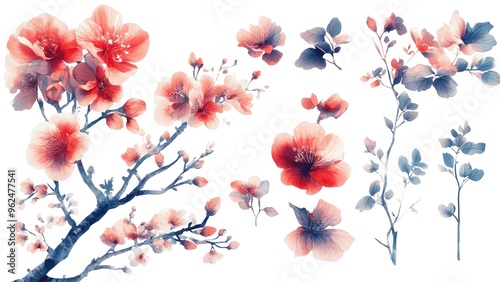 Fototapeta Naklejka Na Ścianę i Meble -  A set of watercolor flowers with red and blue tones