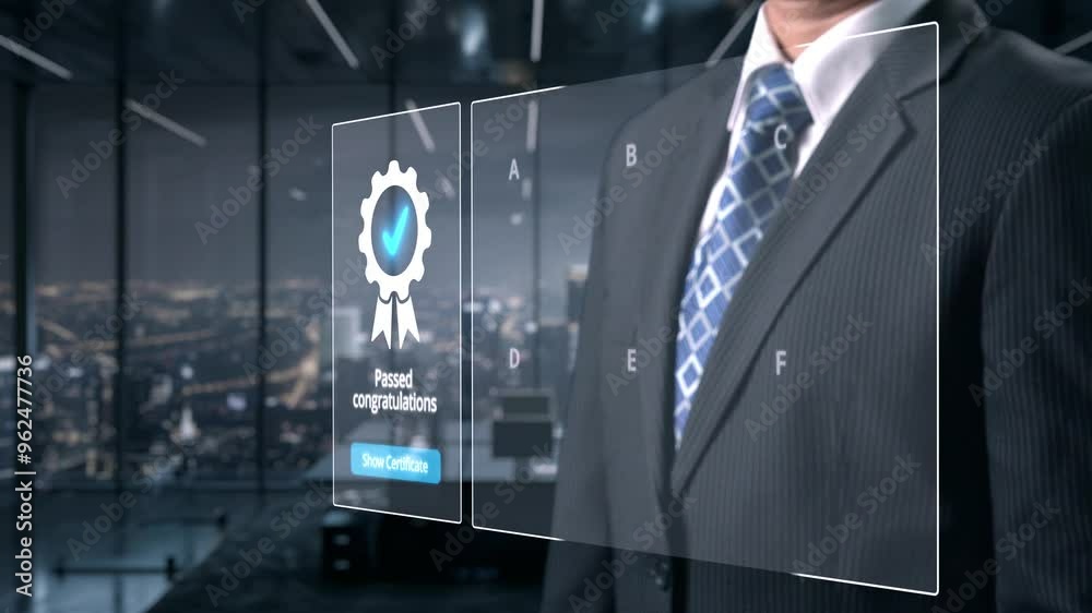 Business person secures product certification, marking a key achievement. Demonstrates commitment to quality and trustworthiness by having product certification passed. UUID