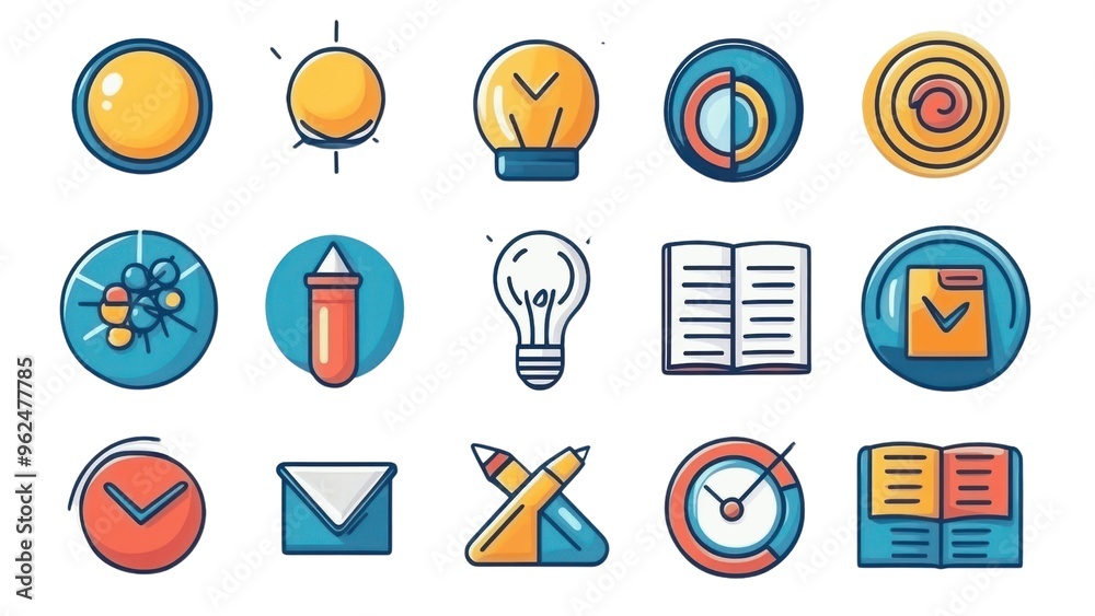 A collection of icons for various things like a clock, a book, a light bulb A collection of icons for various things like a clock, a book, a light bulb