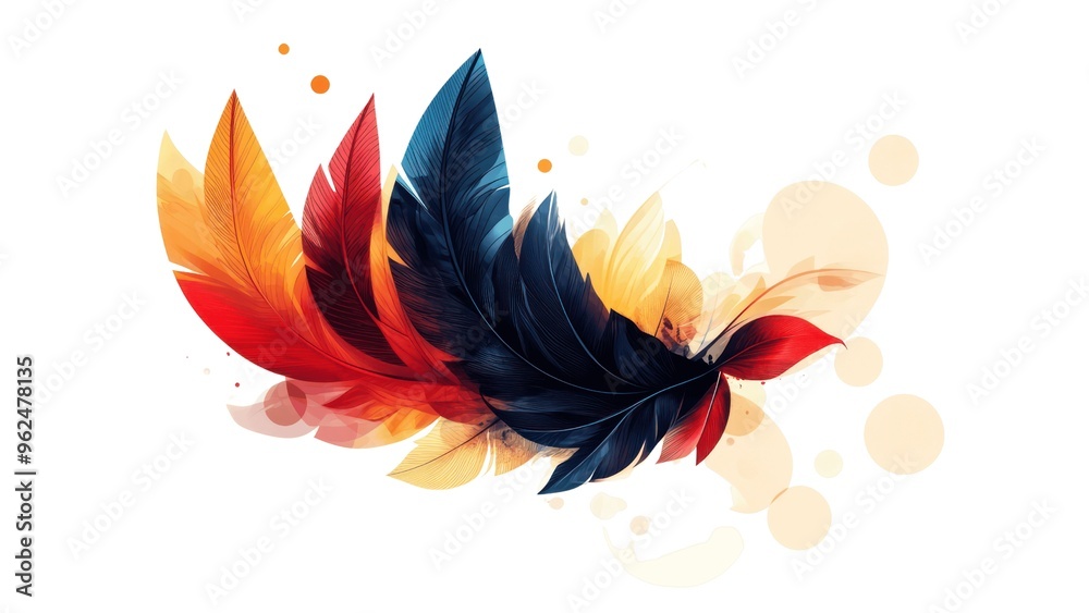 Fototapeta premium A colorful feather with a red, yellow, and blue stripe