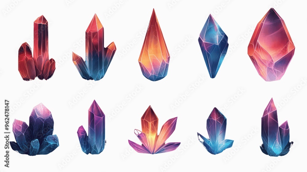 A set of colorful crystals with a variety of shapes and sizes A set of colorful crystals with a variety of shapes and sizes