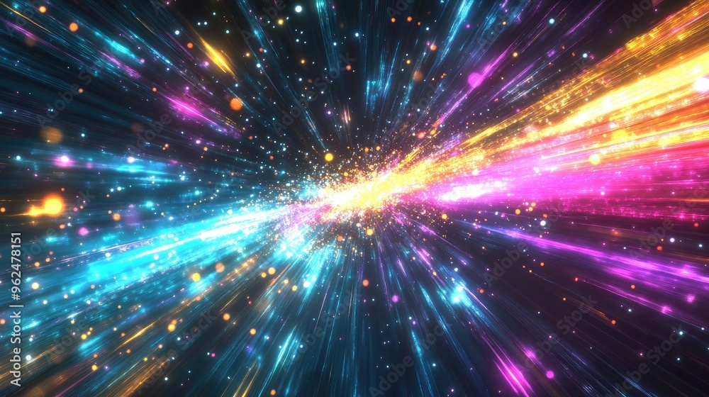 Galaxy explosion of neon light rays in blue, pink, yellow, and purple, dynamic lines racing through the universe on a dark backdrop Galaxy explosion of neon light rays in blue, pink, yellow, and purple, dynamic lines racing through the universe on a dark backdrop