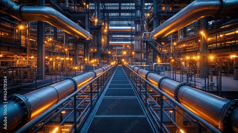 High-Resolution Interior of an Industrial Plant with Large Steel Pipes, Stairs, and Warm Yellow Lights, Contrasted Against a Blue and White Background, Wide-Angle Perspective with Sharp Detail
High-Resolution Interior of an Industrial Plant with Large Steel Pipes, Stairs, and Warm Yellow Lights, Contrasted Against a Blue and White Background, Wide-Angle Perspective with Sharp Detail
