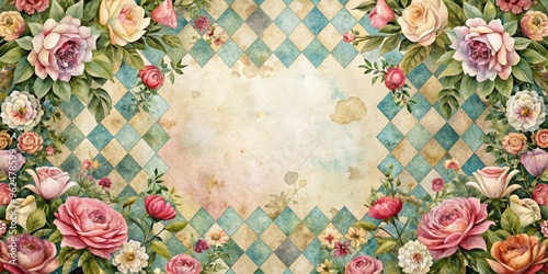 Watercolor floral frame with Alice in Wonderland theme on a grunge diamond Victorian background, watercolor