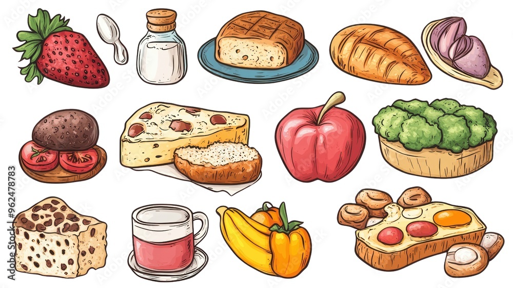 A collection of food items including bread, cheese, fruit, and vegetables A collection of food items including bread, cheese, fruit, and vegetables