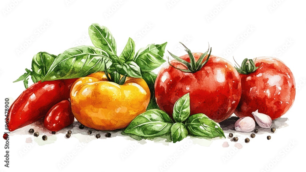 A painting of a variety of vegetables including tomatoes, peppers, and basil A painting of a variety of vegetables including tomatoes, peppers, and basil
