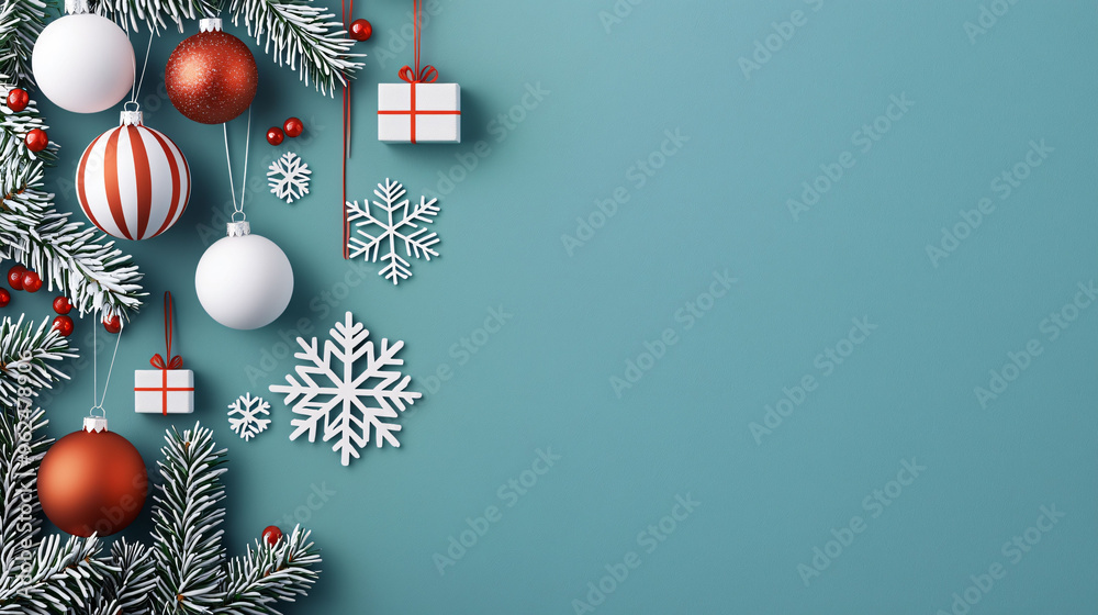 Fototapeta premium Festive holiday decorations with ornaments, snowflakes, and gifts create cheerful atmosphere. Perfect for Christmas celebrations.