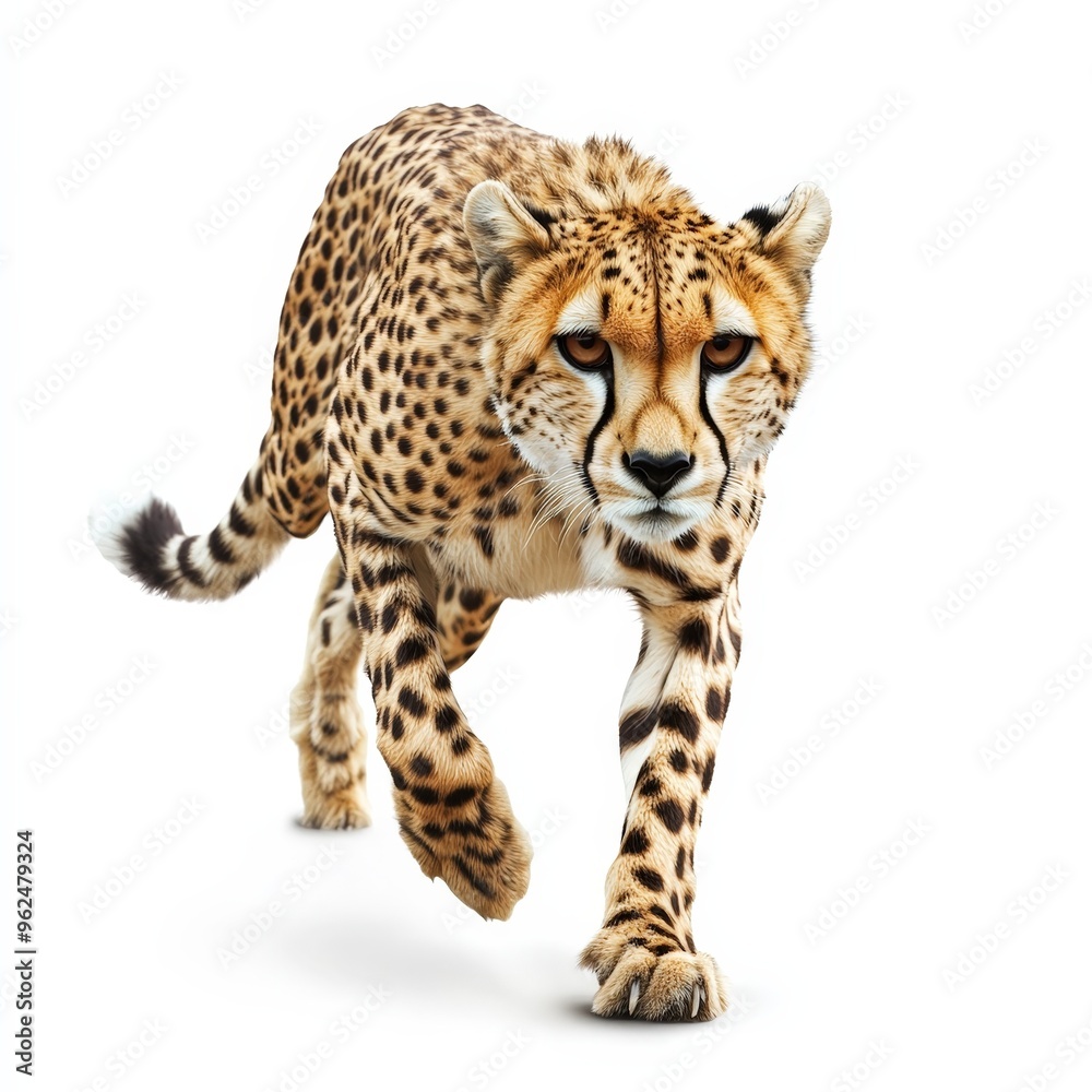 A cheetah is running across a white background A cheetah is running across a white background