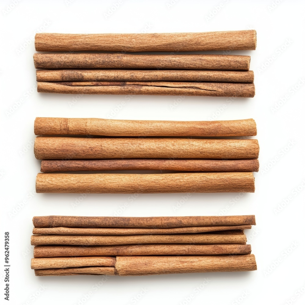 A collection of cinnamon sticks arranged in three rows on a white background. A collection of cinnamon sticks arranged in three rows on a white background.