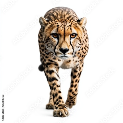 A cheetah is walking on a white background