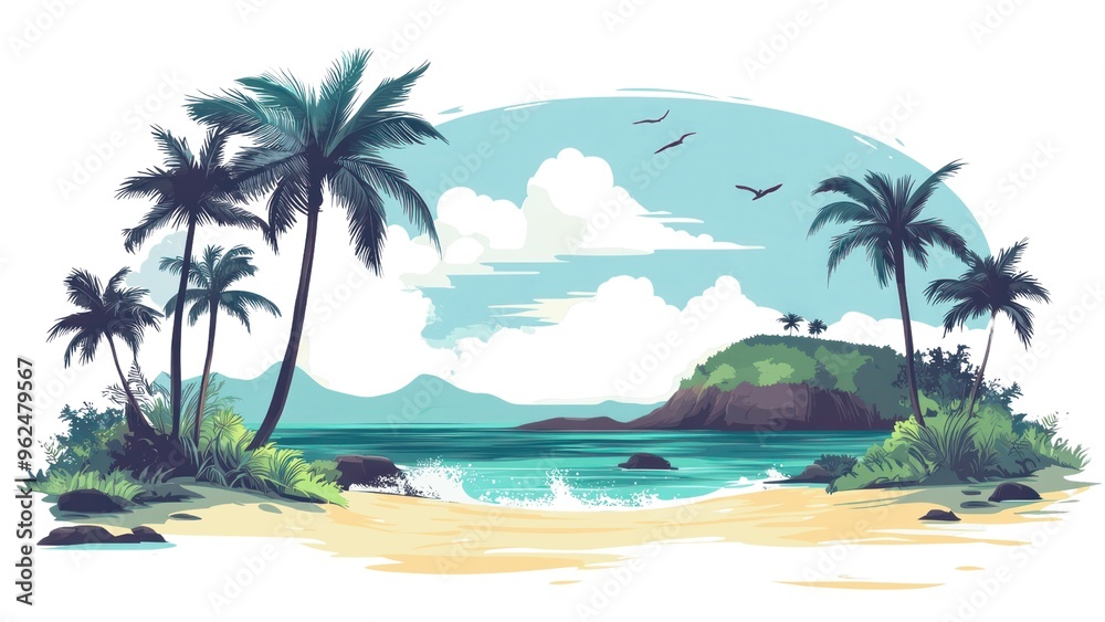 Obraz premium A beautiful beach scene with palm trees and a body of water