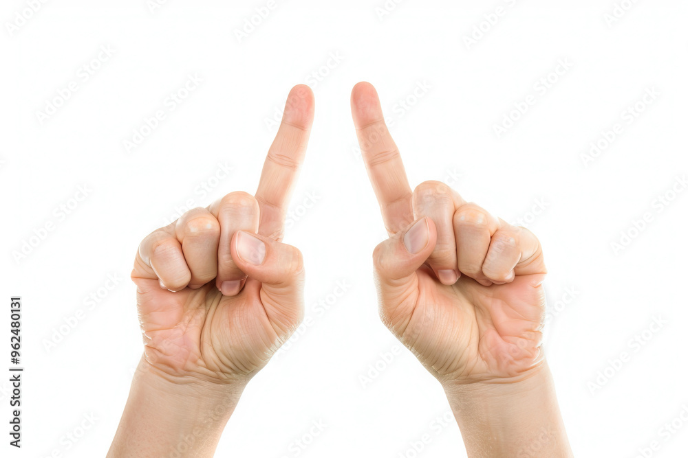 Two Caucasian hands making peace signs against a white background, symbolizing unity, friendship, and peaceful protest. Two Caucasian hands making peace signs against a white background, symbolizing unity, friendship, and peaceful protest.