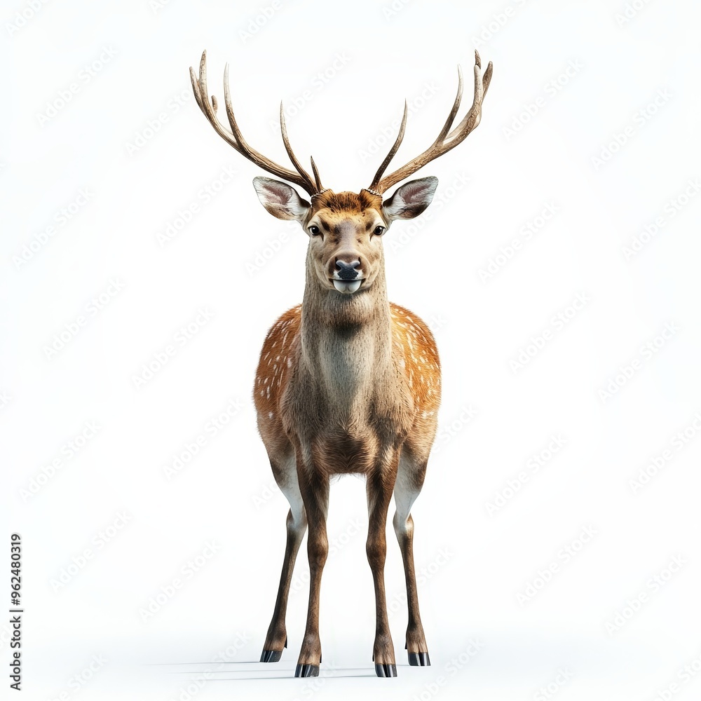 A deer stands in front of a white background with its antlers raised A deer stands in front of a white background with its antlers raised