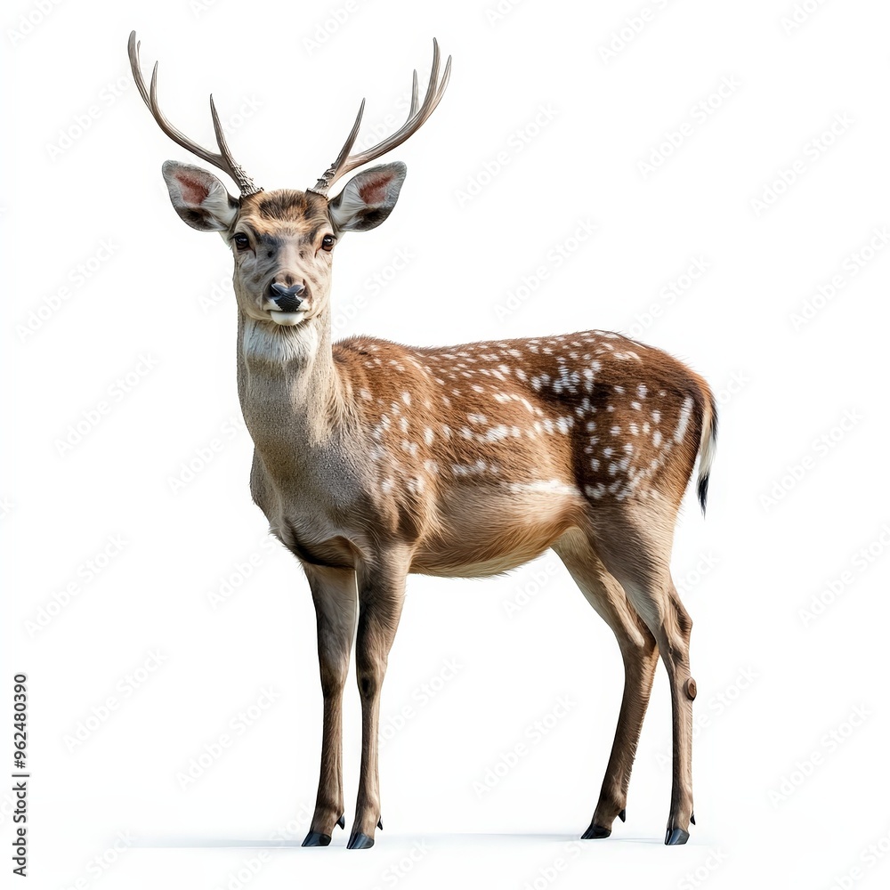 A deer stands in front of a white background A deer stands in front of a white background
