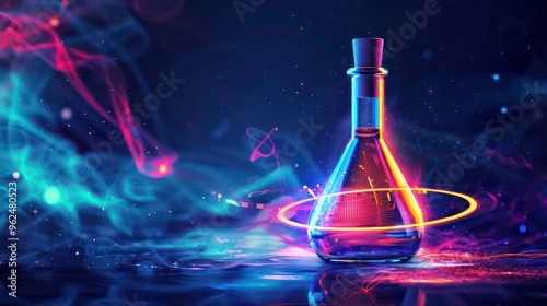 A glass flask with a cork stopper, surrounded by colorful abstract shapes and particles, against a dark background.