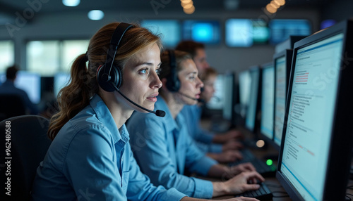 Dispatchers focus on their screens with headsets in a busy call center, managing emergency calls with professionalism and intensity.







