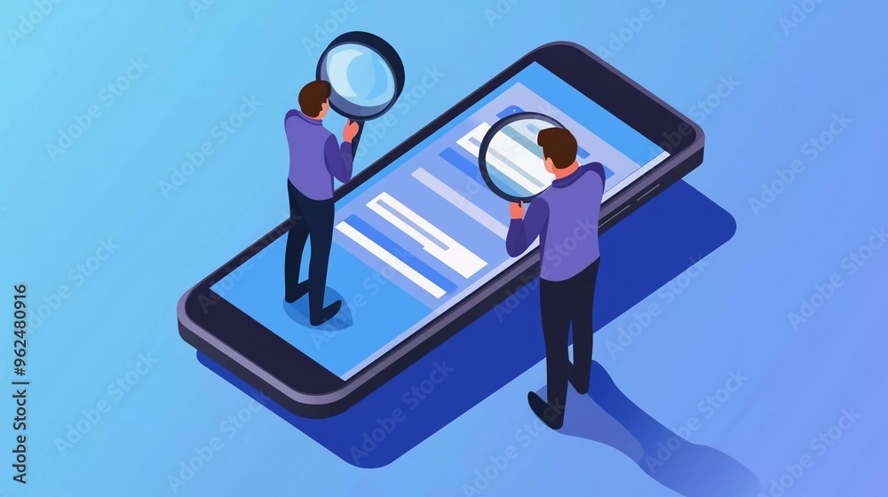 Application tester. Isometric man testing mobile app. Man with magnifying glass looking at screen of smart phone vector illustration
Application tester. Isometric man testing mobile app. Man with magnifying glass looking at screen of smart phone vector illustration