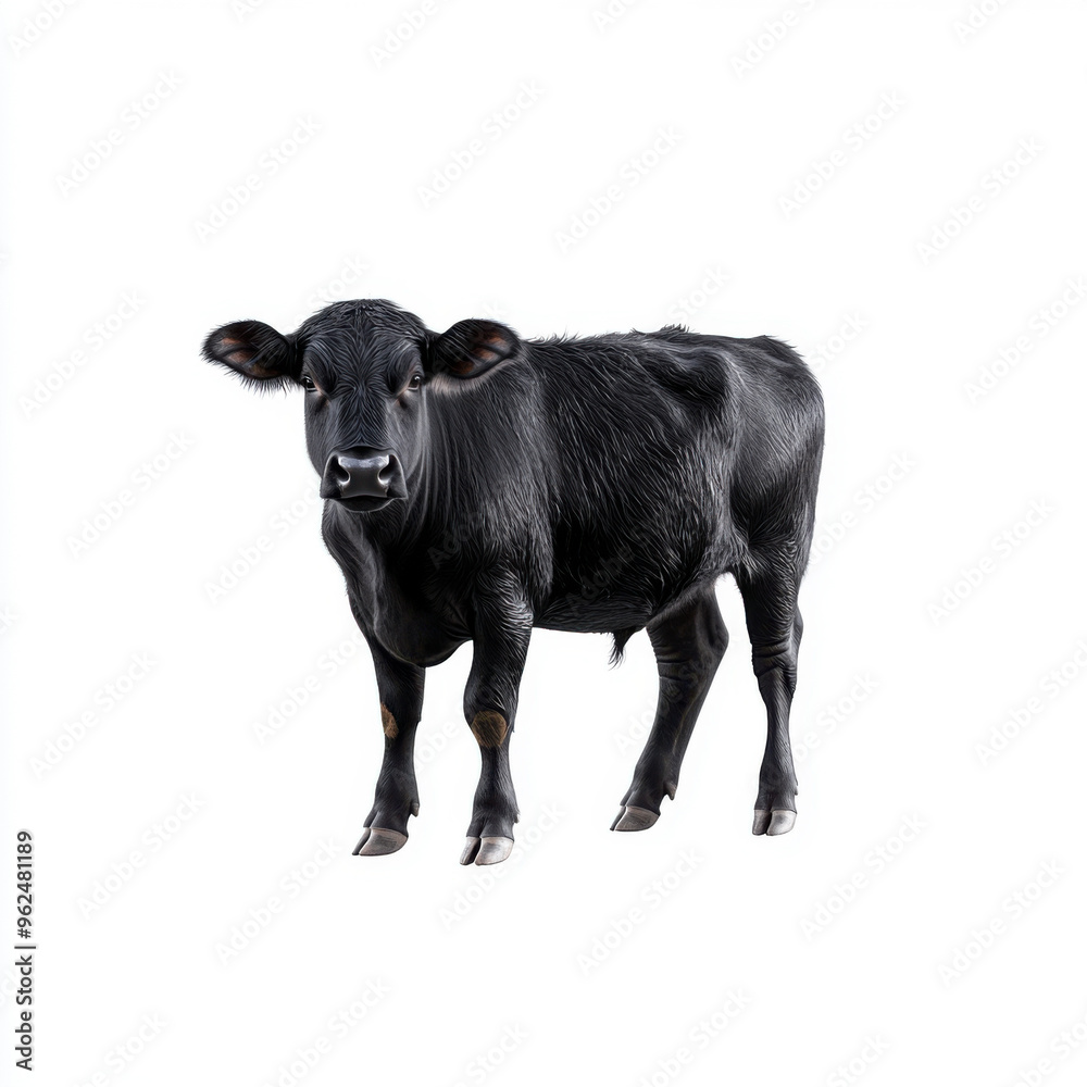 Isolated image of a young black calf standing, fully visible against a plain white background for livestock-related concepts. Isolated image of a young black calf standing, fully visible against a plain white background for livestock-related concepts.
