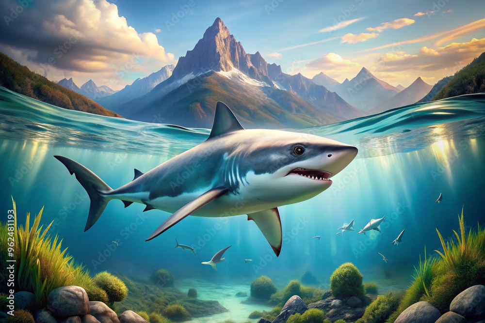 Obraz premium Great White Shark Swimming Underwater with Mountain Peak in the Background