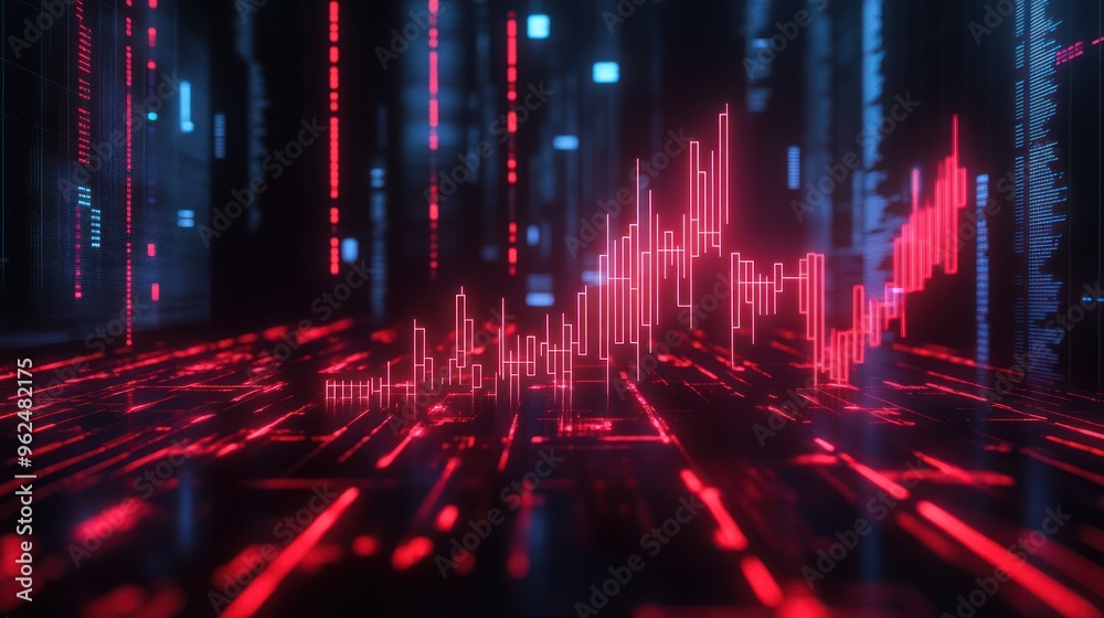 Red Neon Stock Chart Display on Dark Background Red Neon Stock Chart Display on Dark Background