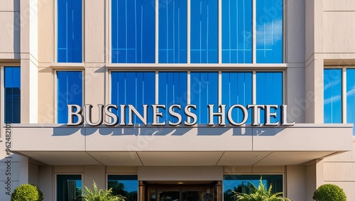 Business Hotel Exterior with Modern Glass Windows and Minimalist Design

