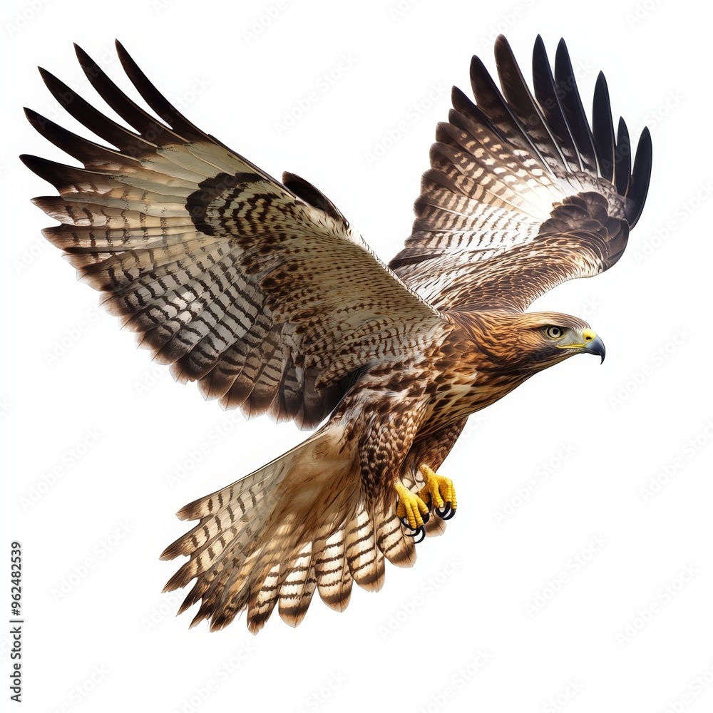 Fototapeta premium A large bird with a yellow beak flies through the air