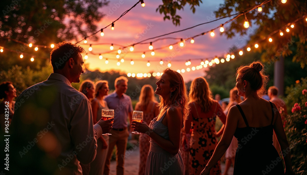 Guests celebrate at an outdoor garden party under string lights, with a warm sunset backdrop.
Guests celebrate at an outdoor garden party under string lights, with a warm sunset backdrop.