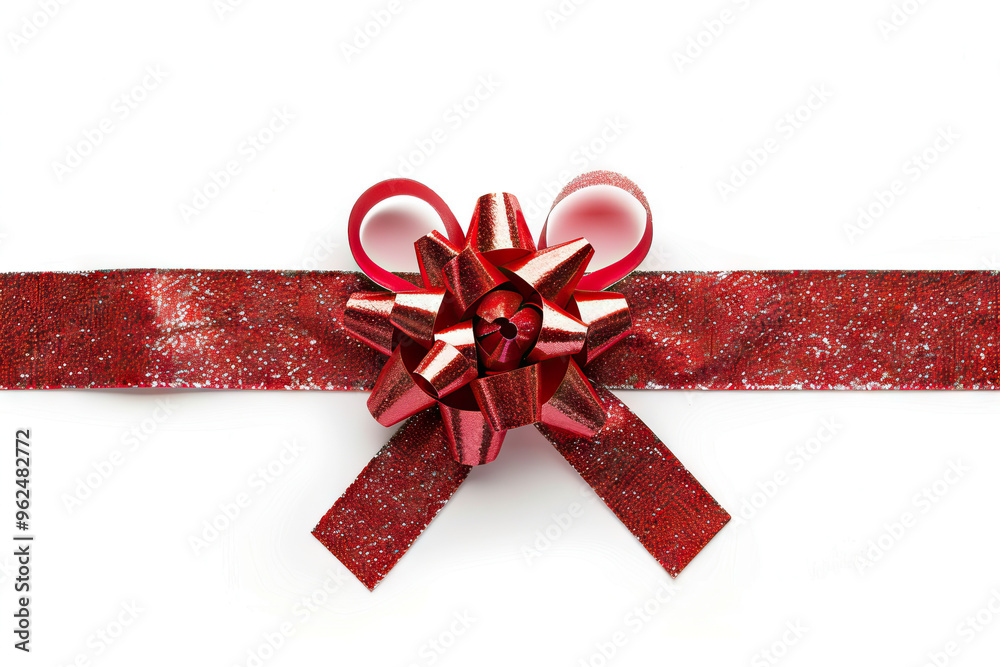 Red ribbon bow on white gift wrapping paper. Crafty and festive vibe. Red ribbon bow on white gift wrapping paper. Crafty and festive vibe.