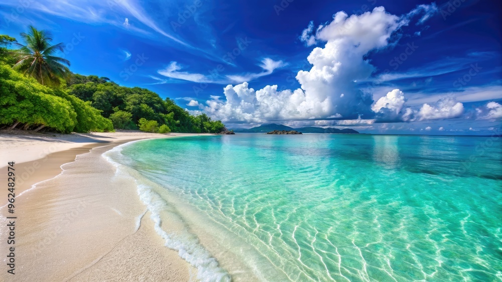 Fototapeta premium Beautiful and sunny beach with crystal clear water and white sand, beach, ocean, shore, sunny, paradise, coastline