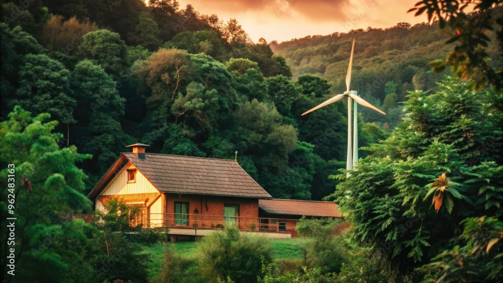 Scenic countryside house with green trees, windmill, and focus on renewable energy, Renewable energy Scenic countryside house with green trees, windmill, and focus on renewable energy, Renewable energy