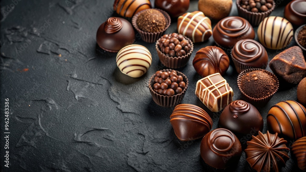 Delicious and tempting chocolate candies on a dark background, sweet, treats, dessert, confectionery, indulgence, cocoa Delicious and tempting chocolate candies on a dark background, sweet, treats, dessert, confectionery, indulgence, cocoa