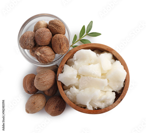 Natural shea butter and nuts isolated on white, top view