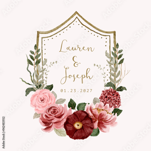 red pink vintage floral watercolor frame wedding crest
